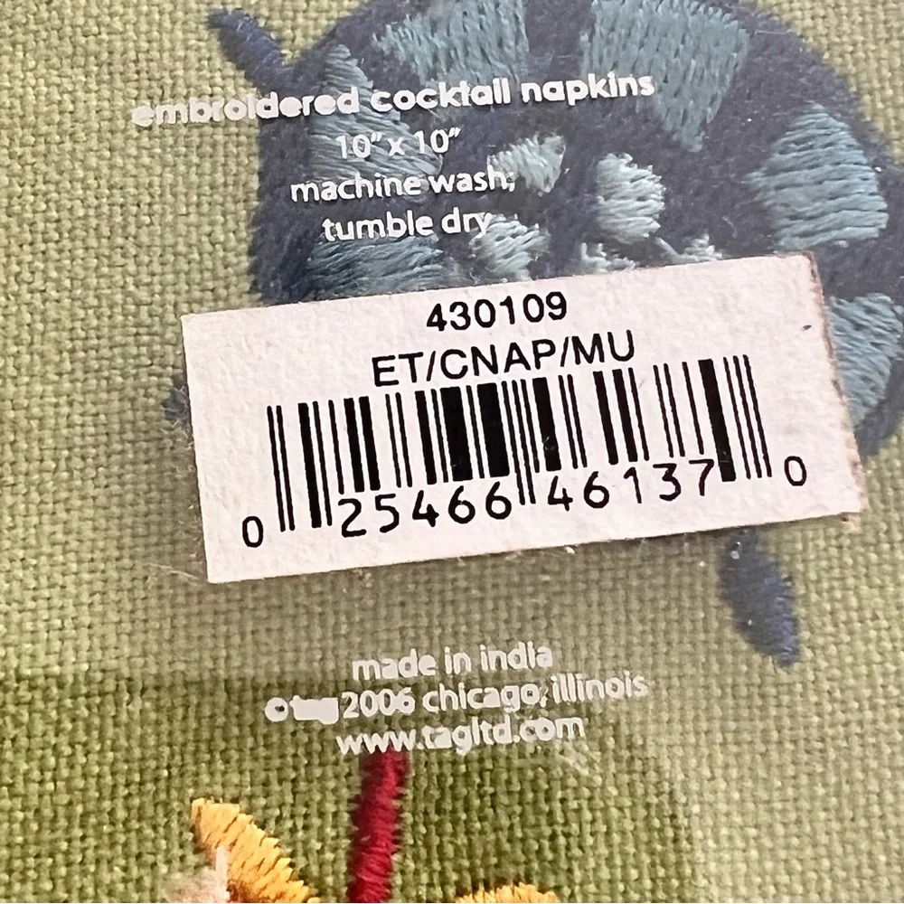 Tag Embroidered Turtle Cocktail Napkins 100% Cotton Set of 4 NIB 10” X 10”‎